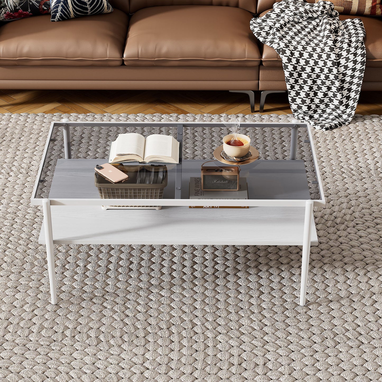 Rectangle Coffee Table With Tempered Glass Top And White Legs, Modern Table For Living Room