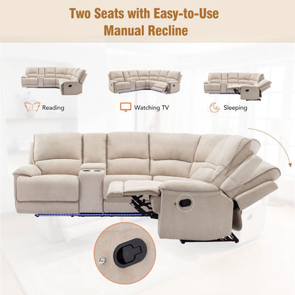 Modern Manual Reclining Living Room Furniture Set With USB Ports, Hidden Storage, Led Light Strip And 2 Cup Holders - Cream