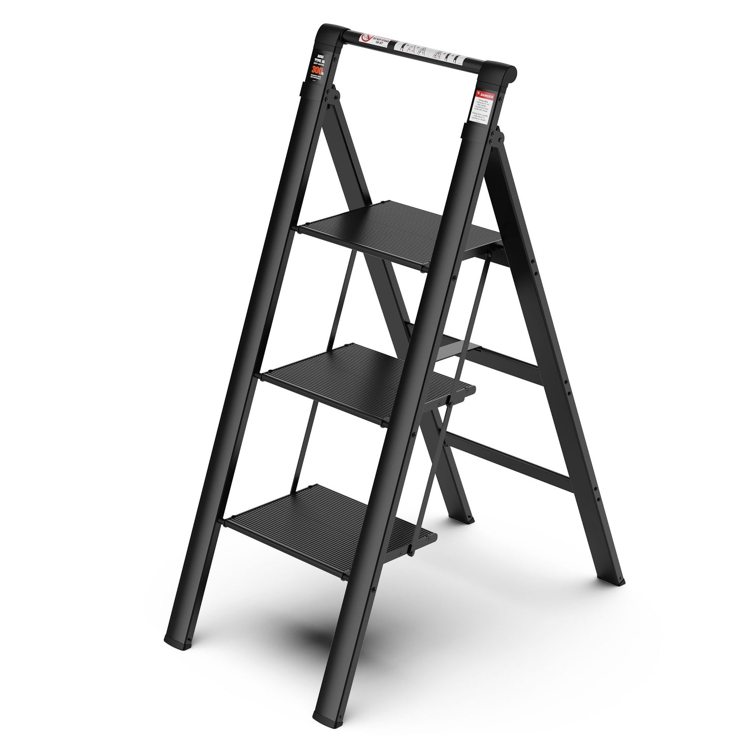 3 Step Ladder, Retractable Handgrip Folding Step Stool With Anti-Slip Wide Pedal, Aluminum Stool Ladders 3 Steps, 300 Lbs Safety Household Ladder - Black