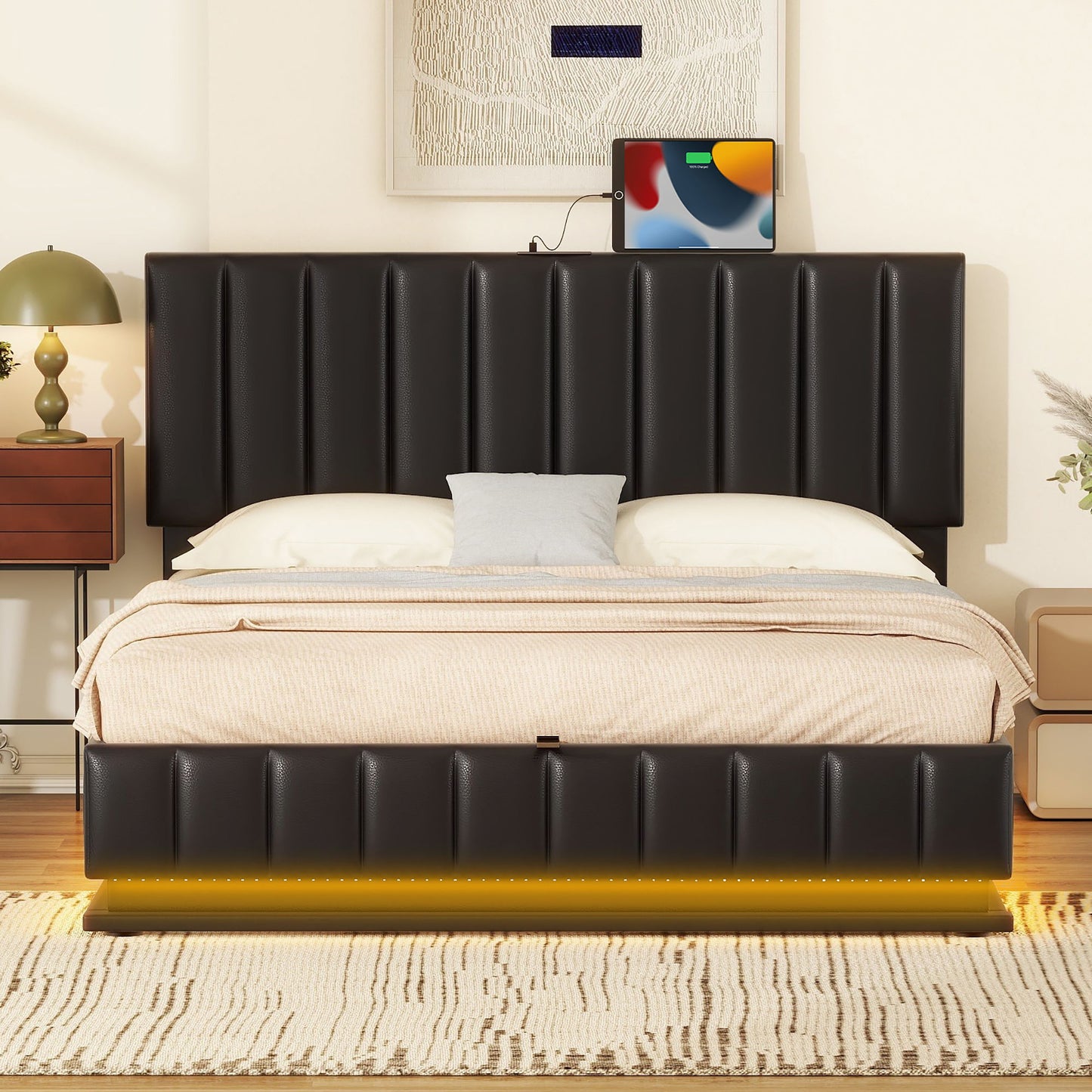 Queen Size Upholstered Bed With Hydraulic Storage System And LED Light, Modern Platform Bed With Sockets And USB Ports