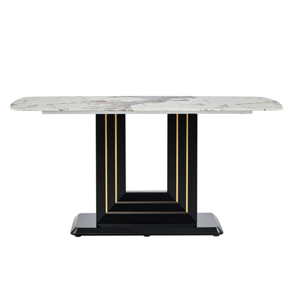 Rectangular Marble Dining Table, Luxurious Dining Room Table With Faux Marble Top And U-Shape MDF Base, Modern Kitchen Dining Table For Kitchen Living Dining Room - White / Black