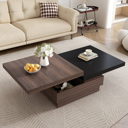 Rotatable Top Coffee Table, Modern Square Coffee Table With Wood Grain Design, 1 Hidden Storage Space For Living Room