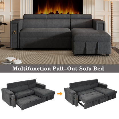 Multi-Functional Pull-Out Sofa Bed L-Shape Sectional Sofa With Adjustable Headrest, Wireless Charging, Cup Holders And Hidden Storage For Living Room