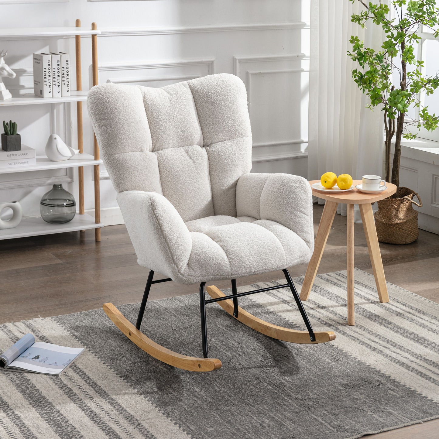 Modern Rocking Chair, Teddy Fabric Chair With High Backrest, Rocking Accent Chairs For Nursery, Living Room, Bedroom - White