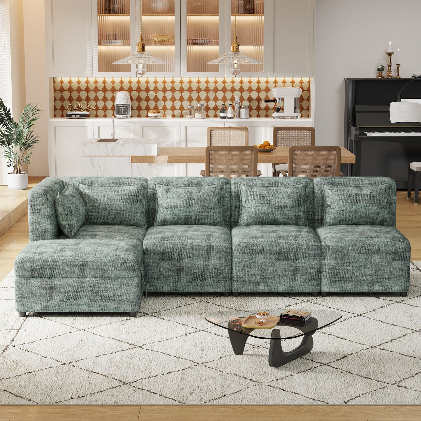 Free-Combined Sectional Sofa 5 Seater Modular Couches With Storage Ottoman, 5 Pillows For Living Room