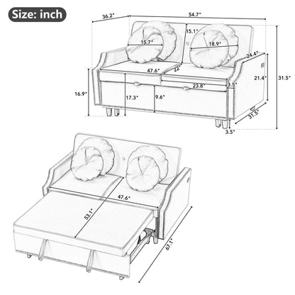 Multiple Adjustable Positions Sofa Bed Stylish Sofa Bed With A Button Tufted Backrest, Two USB Ports And Four Floral Lumbar Pillows For Living Room, Bedroom, Or Small Space