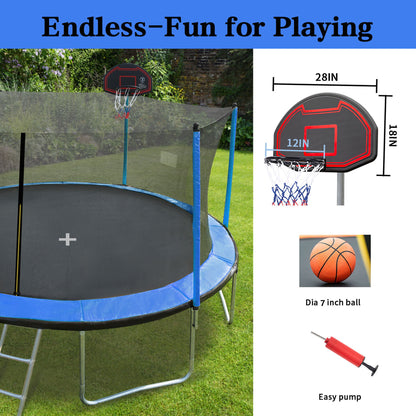 15Ft Trampoline With Basketball Hoop Inflator And Ladder (Inner Safety Enclosure)