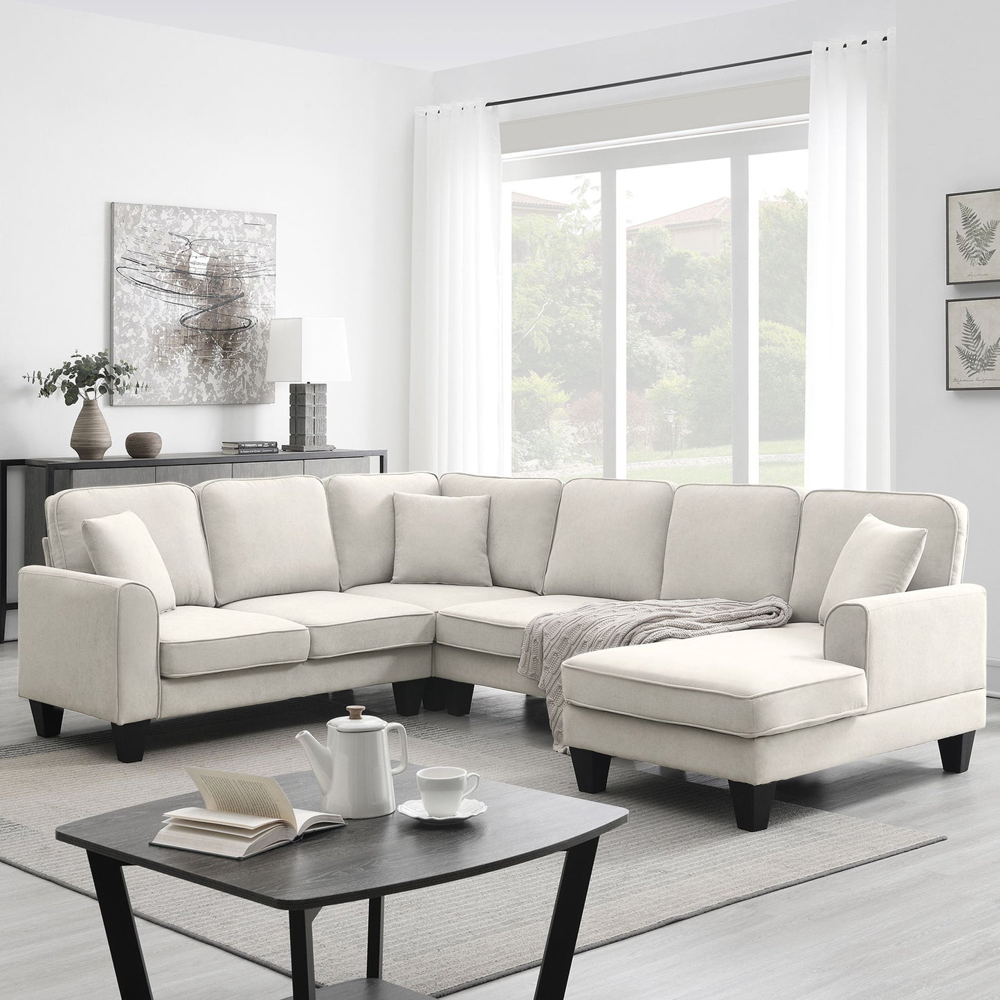 Modern U Shape Sectional Sofa, 7 Seat Fabric Sectional Sofa Set With 3 Pillows Included For Living Room, Apartment, Office