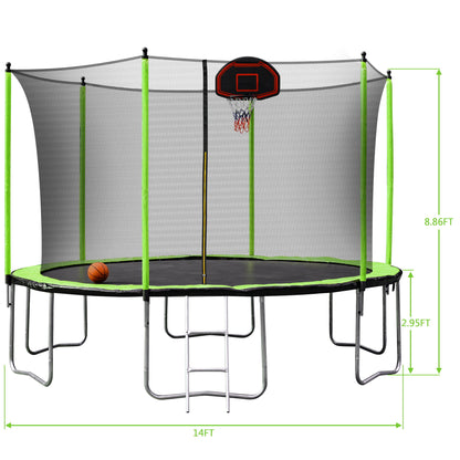 14Ft Trampoline With Basketball Hoop Inflator And Ladder (Inner Safety Enclosure) - Green