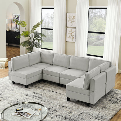 Linen Modular Sectional Sofa, U Shaped Couch With Adjustable Armrests And Backrests, 6 Seat Reversible Sofa Bed With Storage Seats For Living Room - Gray White