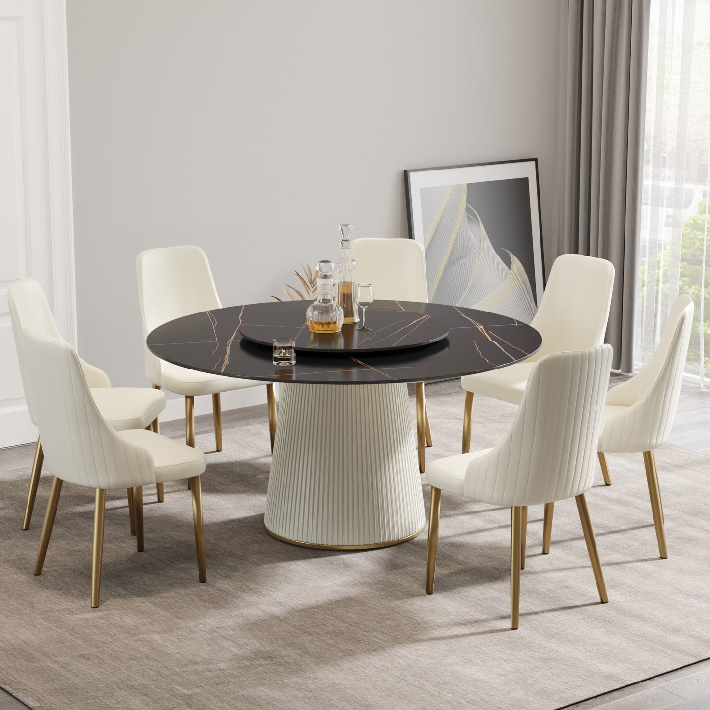 Modern Artificial Stone Round Plywood PU Base Dining Table, Can Accommodate 8 People Artificial Stone Turntable (Not Including Chairs) - Black / Beige