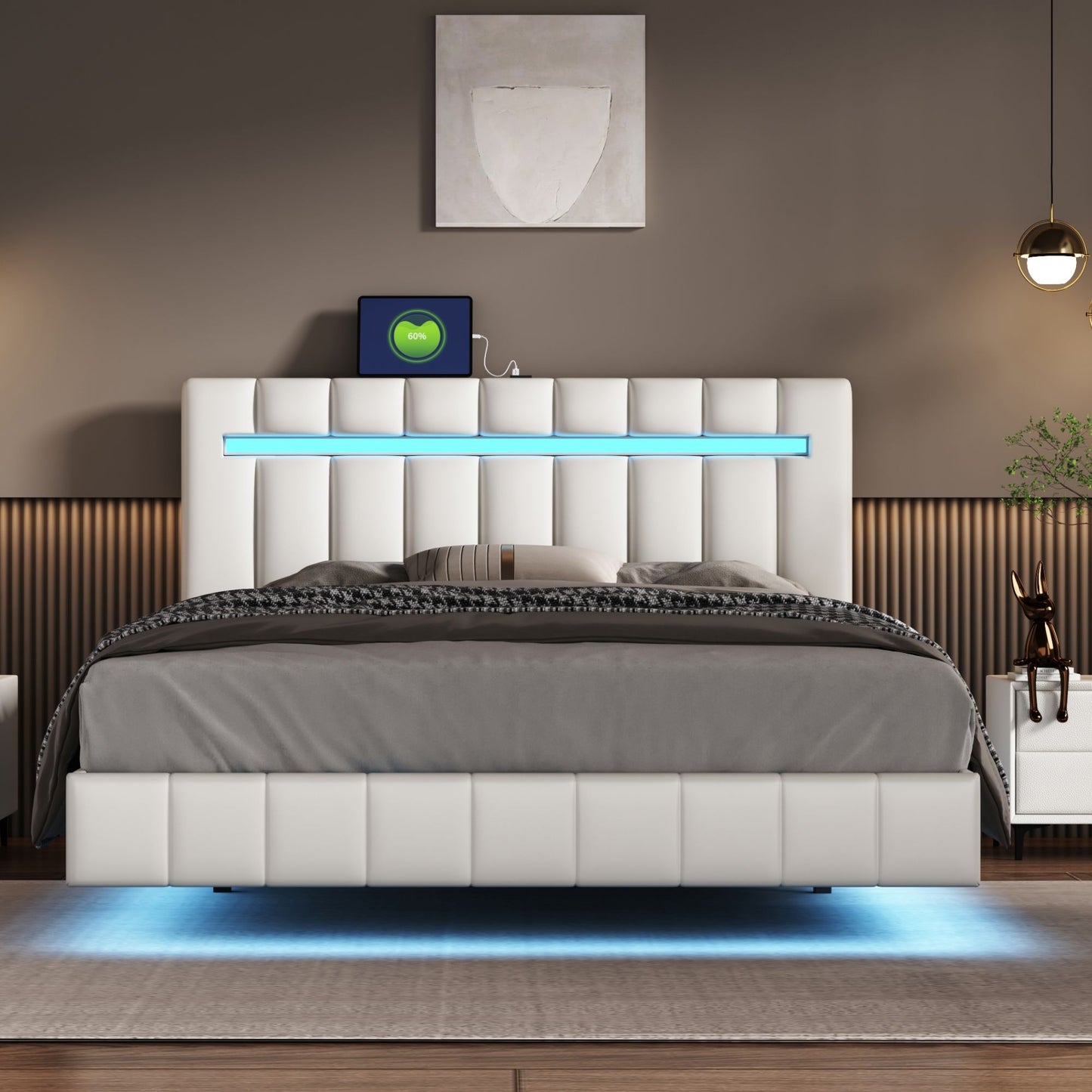 Queen Size Floating Bed Frame With LED Lights And USB Charging, Modern Upholstered Platform LED Bed Frame - White