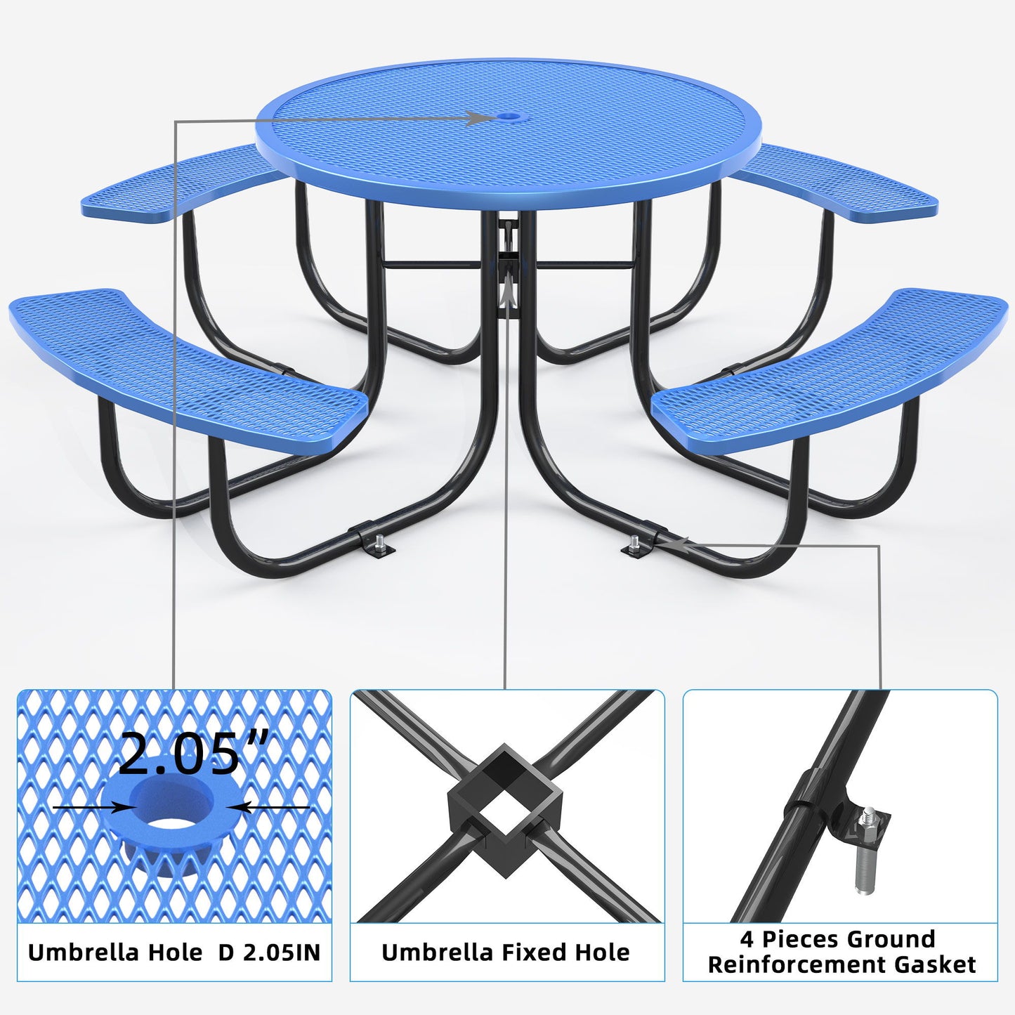 Round Outdoor Steel Picnic Table 46" With Umbrella Pole - Black