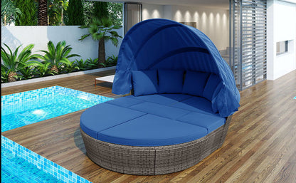 Outdoor Rattan Daybed Sunbed With Retractable Canopy Wicker Furniture, Round Outdoor Sectional Sofa Set - Black Wicker Furniture Clamshell Seating With Washable Cushions, Backyard, Porch