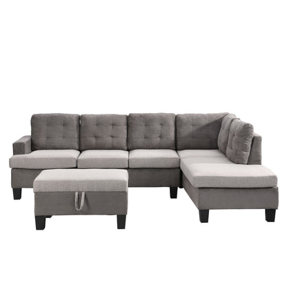 Sofa Set For Living Room With Chaise Lounge And Storage Ottoman, Living Room Furniture - Gray