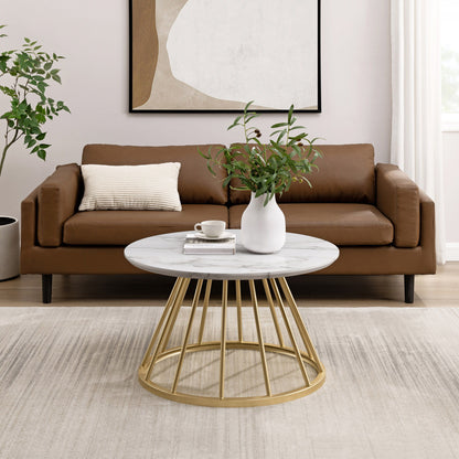 Modern Round Coffee Table With Metal Base - White / Gold