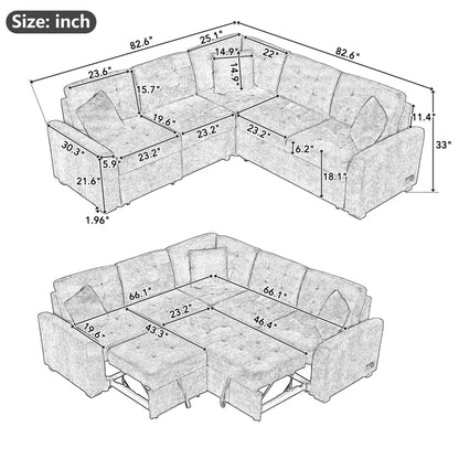 L-Shape Sofa Bed Pull-Out Sleeper Sofa With Wheels, USB Ports, Power Sockets For Living Room