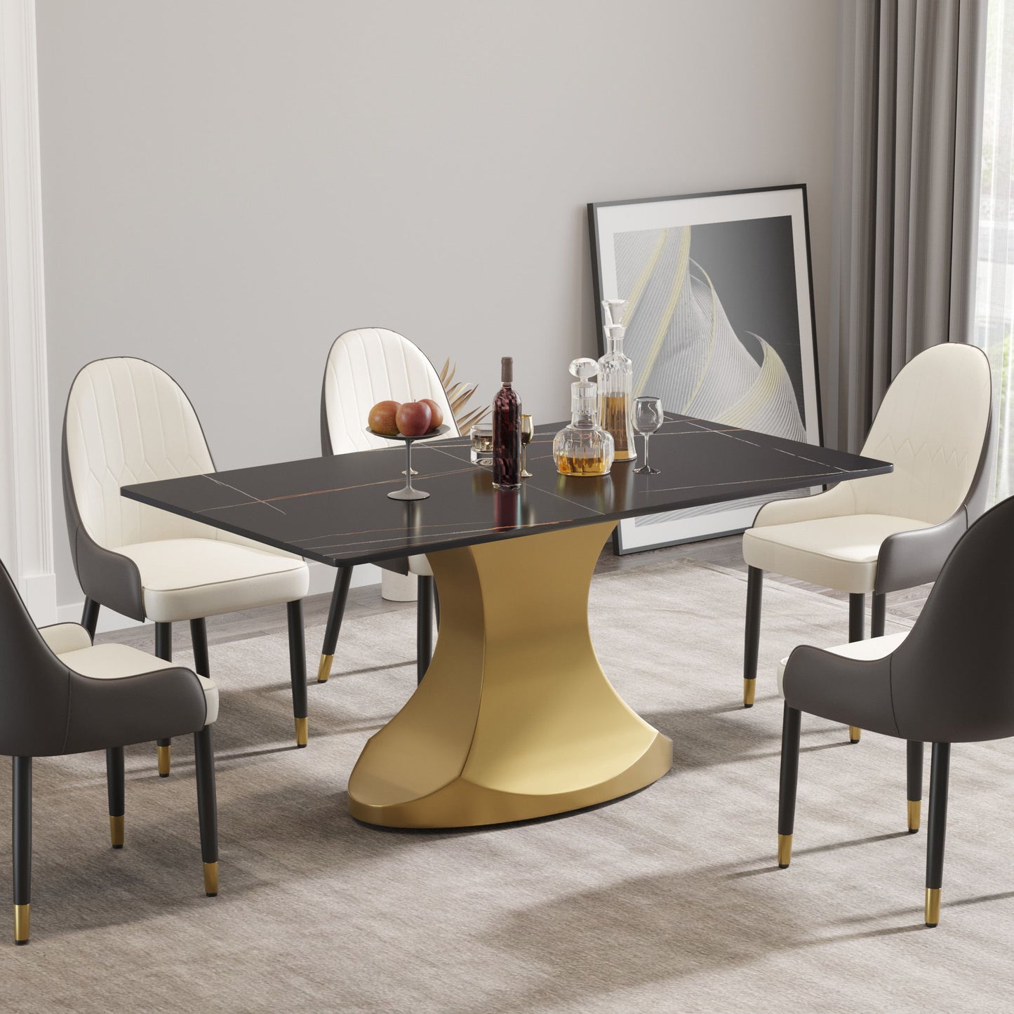 63" Modern Artificial Stone Panel Stainless Steel Curved Legs, Can Accommodate 6-8 People - Black / Gold