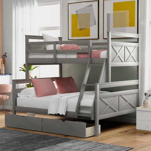 Twin Over Full Bunk Bed With Ladder, Two Storage Drawers, Safety Guardrail