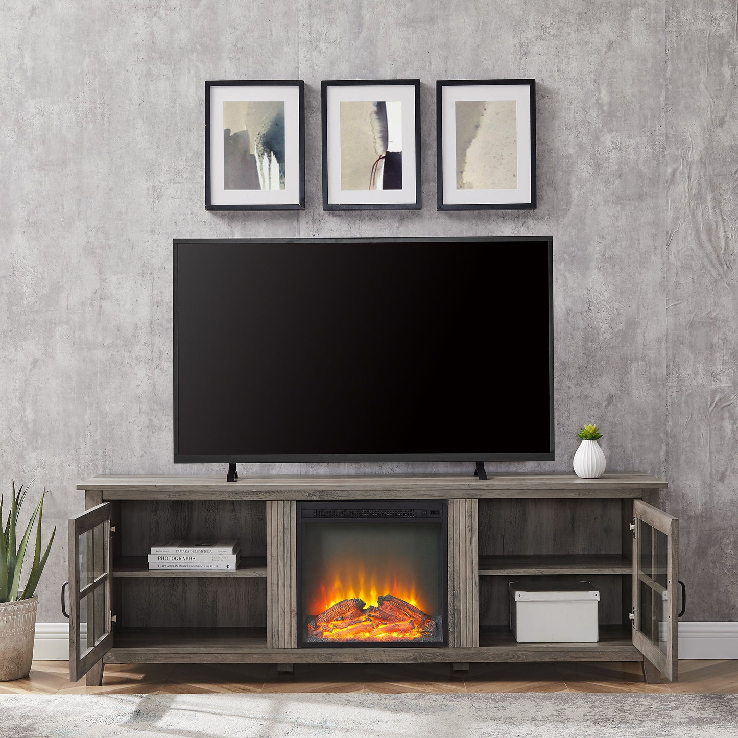 Modern Farmhouse 2 Door Glass Windowpane 70" Fireplace TV Stand For 80" TVs