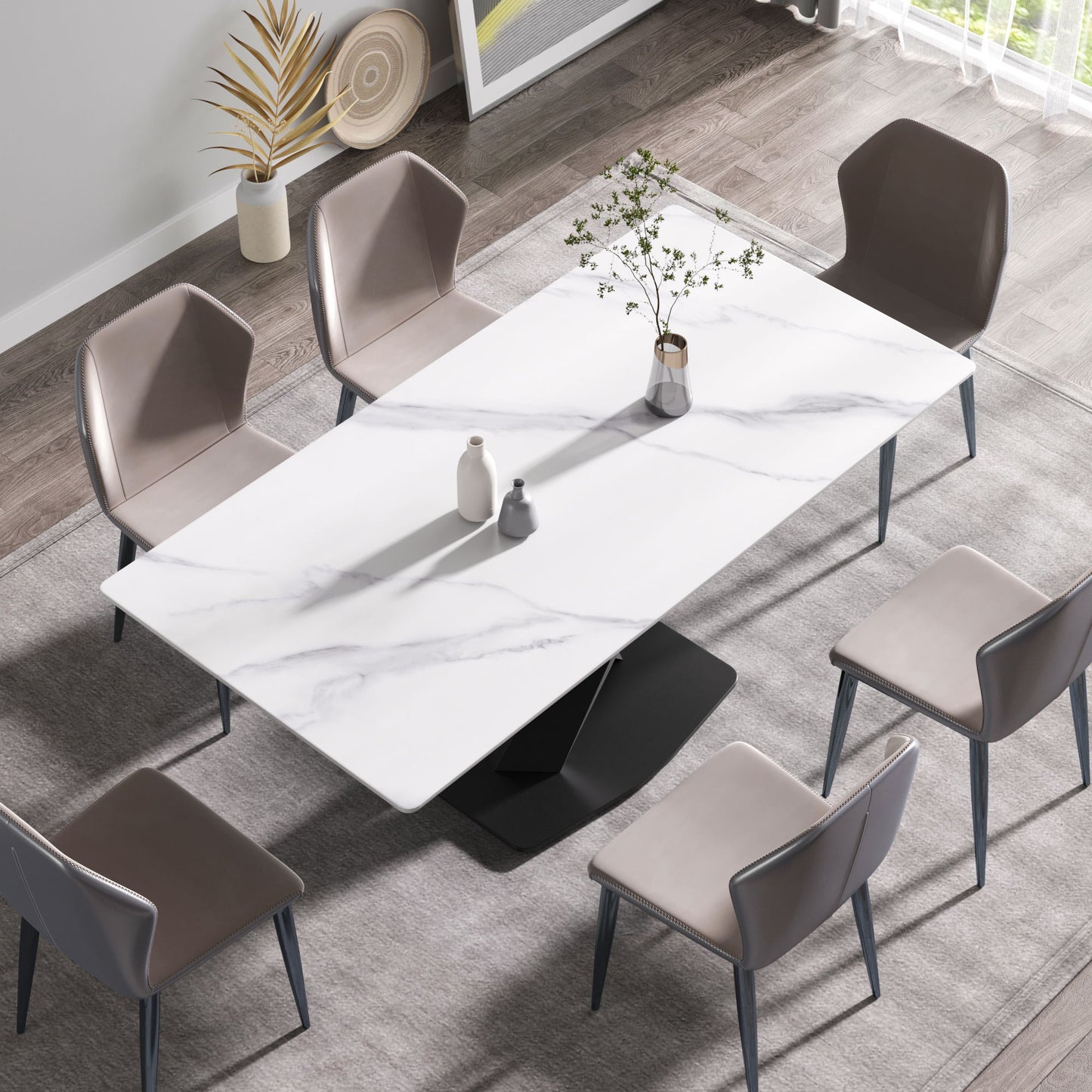 70.87" Modern Artificial Stone White Straight Edge Black Metal Leg Dining Table, Can Accommodate 6-8 People - White