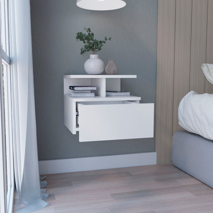 Floating Nightstand Wall Mounted With Single Drawer And 2 Tier Shelf - White