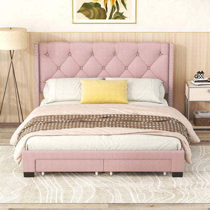 Queen Size Storage Bed Linen Upholstered Platform Bed With Two Drawers - Pink