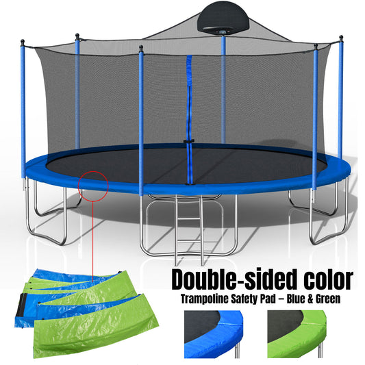 14Ft Trampoline For Adults & Kids With Basketball Hoop, Outdoor Trampolines With Ladder And Safety Enclosure Net For Kids And Adults, Double-Side Color Cover - Blue