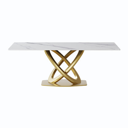 78.74" Modern Artificial Stone Panel Double-Ring Stainless Steel Metal Legs, Can Accommodate 8 People - White / Gold