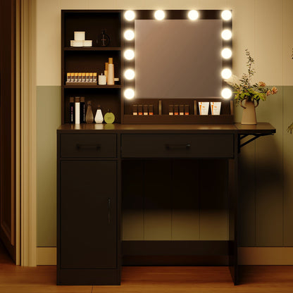 Vanity Desk With Drawers & Mirror With Lights, With Drawers & Cabinet 3 Shelves Lots Storage For Stylish Bedroom