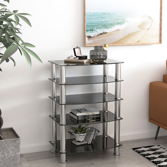 5 Tier Tempered Glass Side Table, Stainless Steel Frame End Table For Living Room, Bedroom - Black