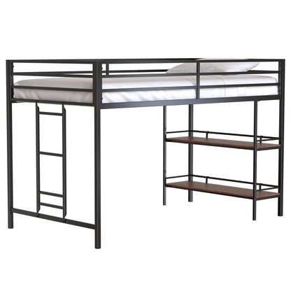 Adam - Junior Twin Loft Bunk Bed With Cinnamon Wood Shelf - Black