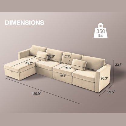 Modern Cotton Linen Modular Sectional Sofa, L Shape Convertible Sofa Set With Pillows, Oversized Sectional Couches With Storage Ottomans For Living Room, Loft, Apartment, Office 5 Seats