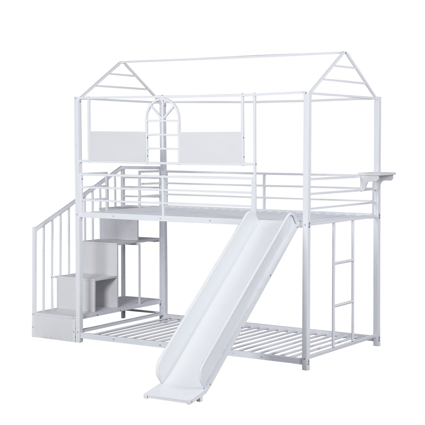 Twin Over Twin Metal Bunk Bed With Slide And Steps