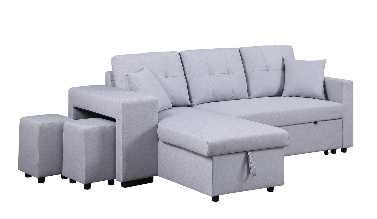 Dennis - Linen Fabric Reversible Sleeper Sectional With Storage Chaise And 2 Stools