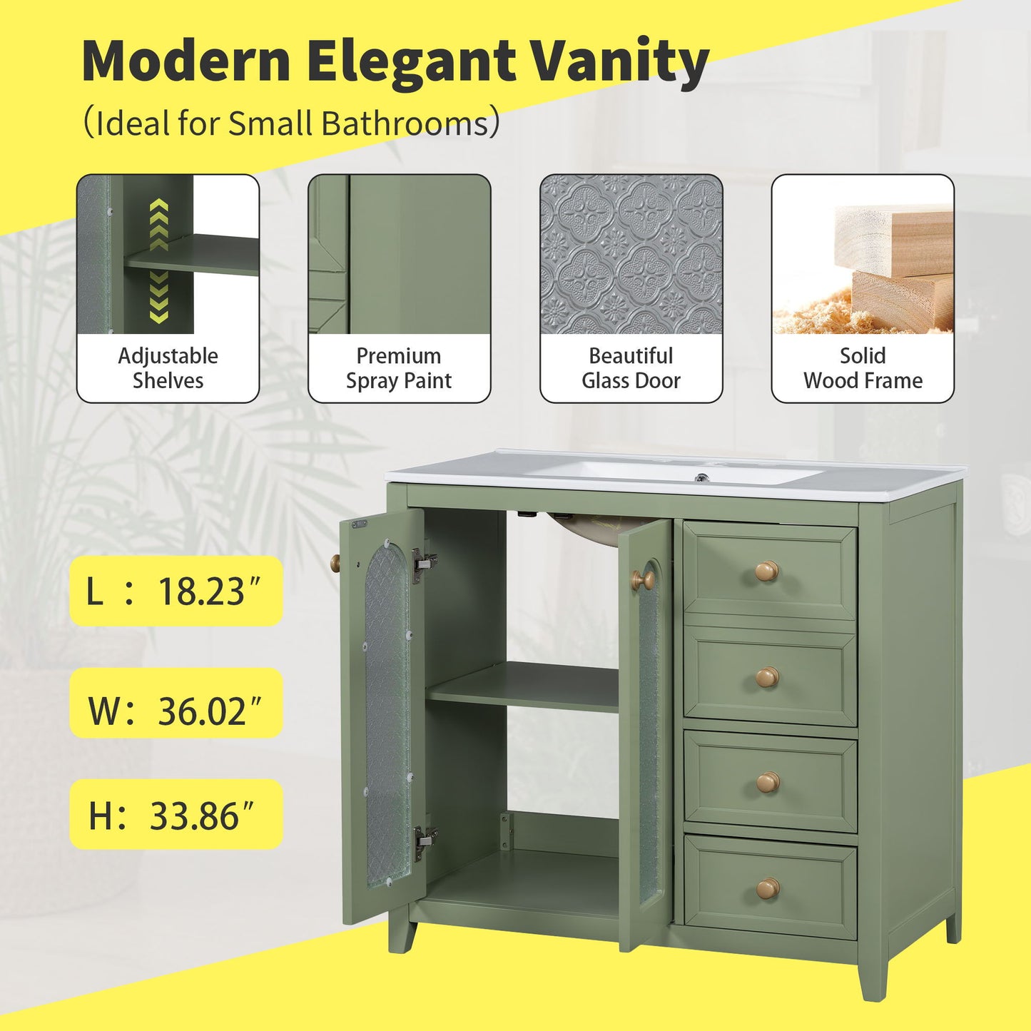 Bathroom Vanity With Two Soft Close Doors, Adjustable Shelves And Three Drawers