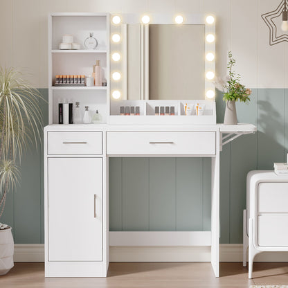 Vanity Desk With Drawers & Mirror With Lights, With Drawers & Cabinet 3 Shelves Lots Storage For Stylish Bedroom