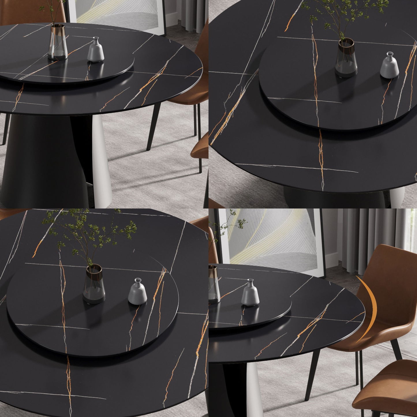 53.15" Round Modern Artificial Stone Carbon Steel Base Dining Table, Can Accommodate 6 People - Black / Gold