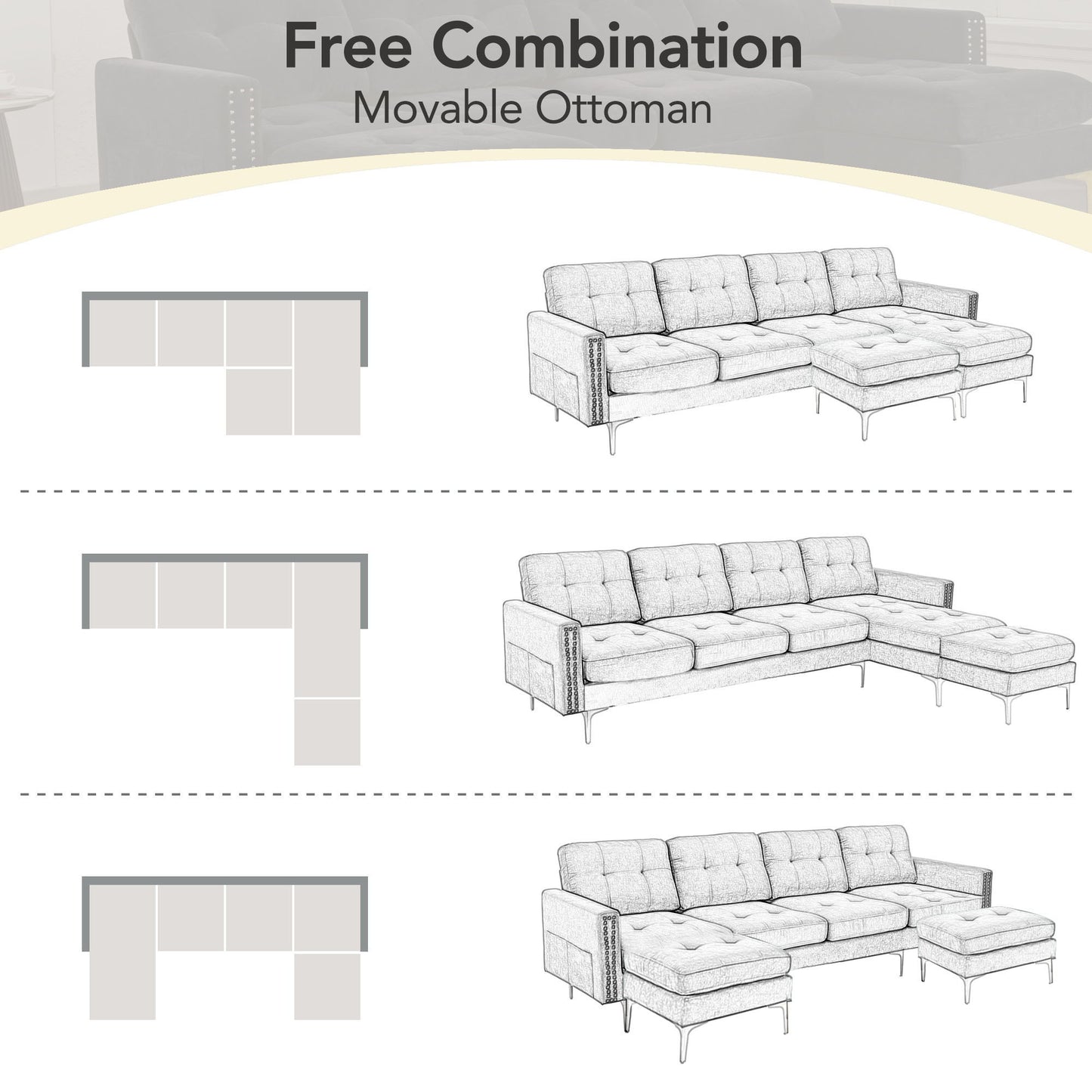 L-Shape Convertible Sectional Sofa Couch With Movable Ottoman For Living Room