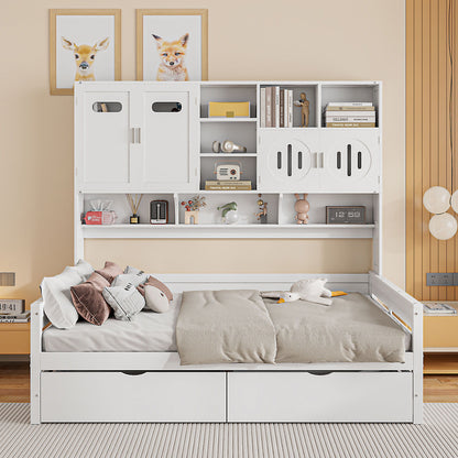 Wooden Daybed With 2 Drawers, And All-In-One Cabinet And Shelf