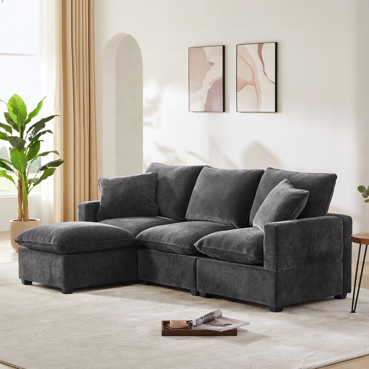 Modern Modular Sofa, 4 Seat Chenille Sectional Couch Set With 2 Pillows Included, Freely Combinable Indoor Funiture For Living Room