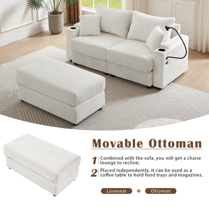 Modern Style Loveseat Sofa Sectional Sofa Couch With Storage Space, A Movable Ottoman, Two USB Ports, Two Cup Holders, A Phone Holder For Living Room