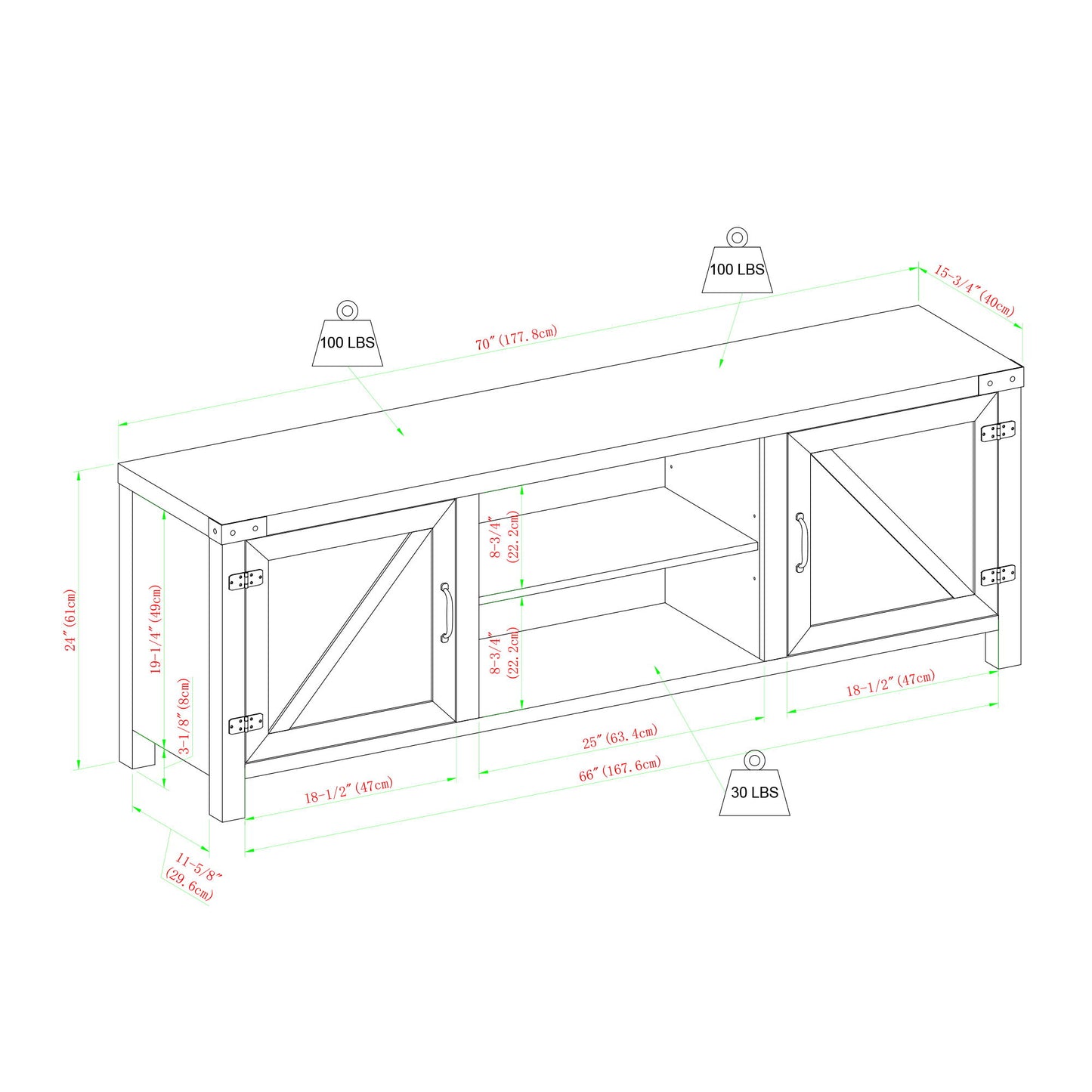 Rustic Farmhouse Double Barn Door 70" TV Stand For 80" TVs With Center Shelves