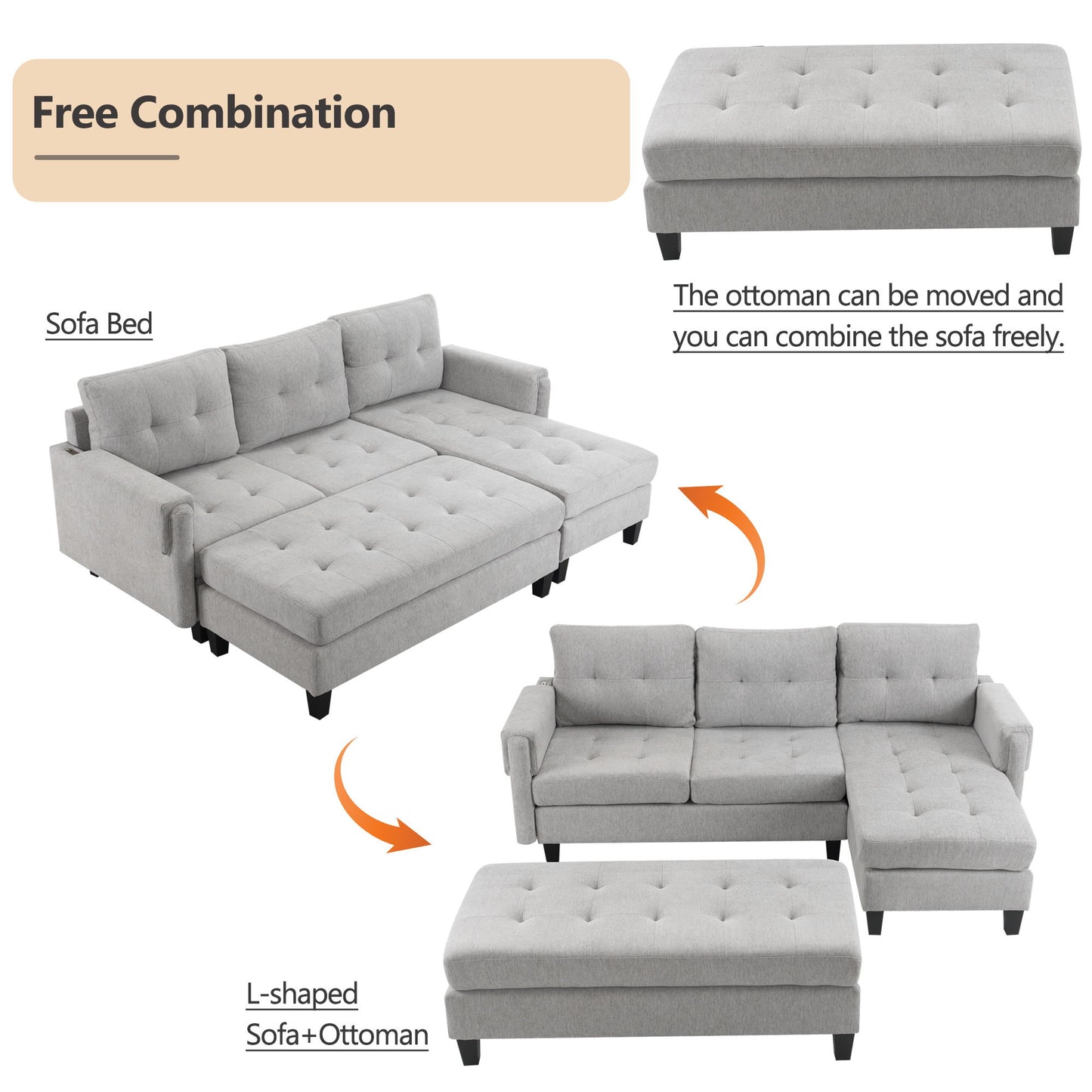 L Shaped Sofa Sectional Couch Sofa Bed With Two USB Ports, A Movable Ottoman And A Reversible Chaise Lounge For Living Room