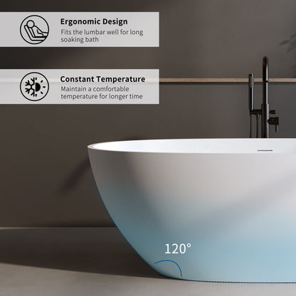 Solid Surface Matte Tub, Solid Surface Soaking Tub, Stone Resin Freestanding Bathtub, Thick Edge Stand Alone Tubs With Overflow, Pop-Up Drain (Oval) - Matte White