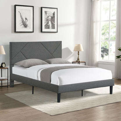 Queen Size Upholstered Platform Bed Frame Wood Slat Support - Gray