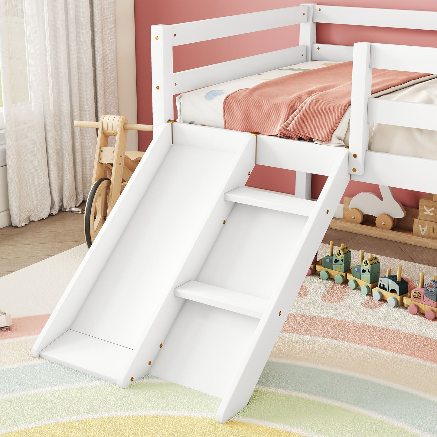 Low Loft Bed With Slide, Ladder, Safety Guardrails, No Box Spring Needed