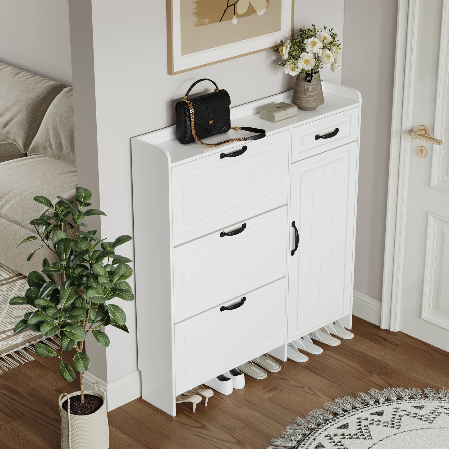 Shoe Cabinet With 4 Doors 1 Drawers, PVC Door With Shape, Large Space For Storage - White