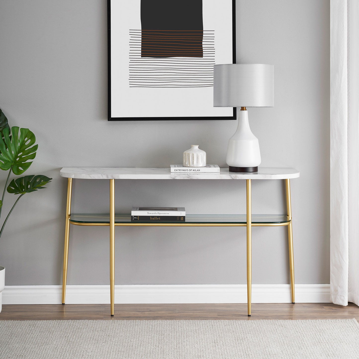 Modern Minimal Curved Faux Marble Entry Table - Gray / Gold