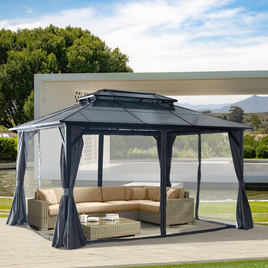 Hardtop Gazebo For Patios, Outdoor Framed Gazebo With Polycarbonate Double Roof Canopy, Solid Framed Gazebo With Privacy Curtains And Mosquito Nettings For Garden, Backyard